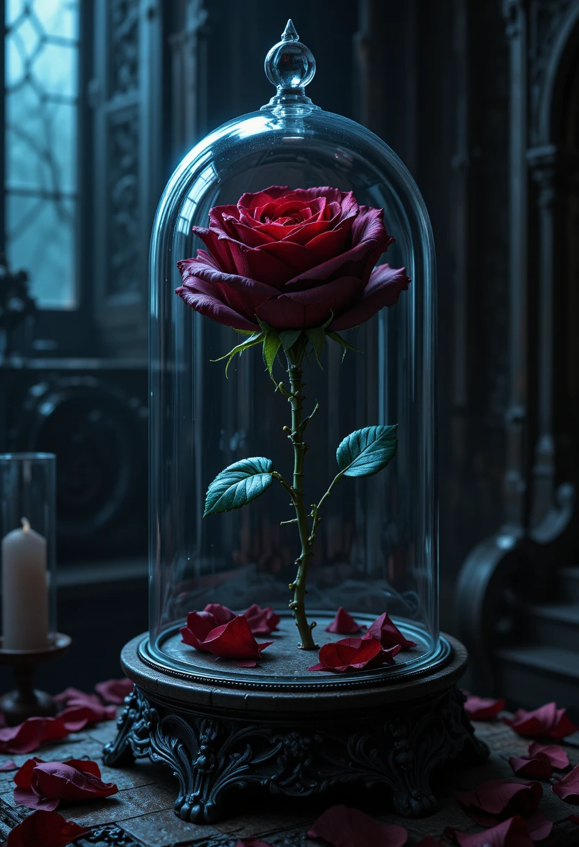 Rosa carmesí encantada bajo cristal en una cámara gótica