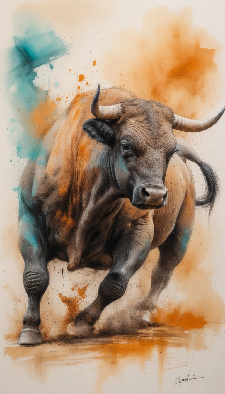 Taureau espagnol en pleine charge dans une illustration dynamique en techniques mixtes