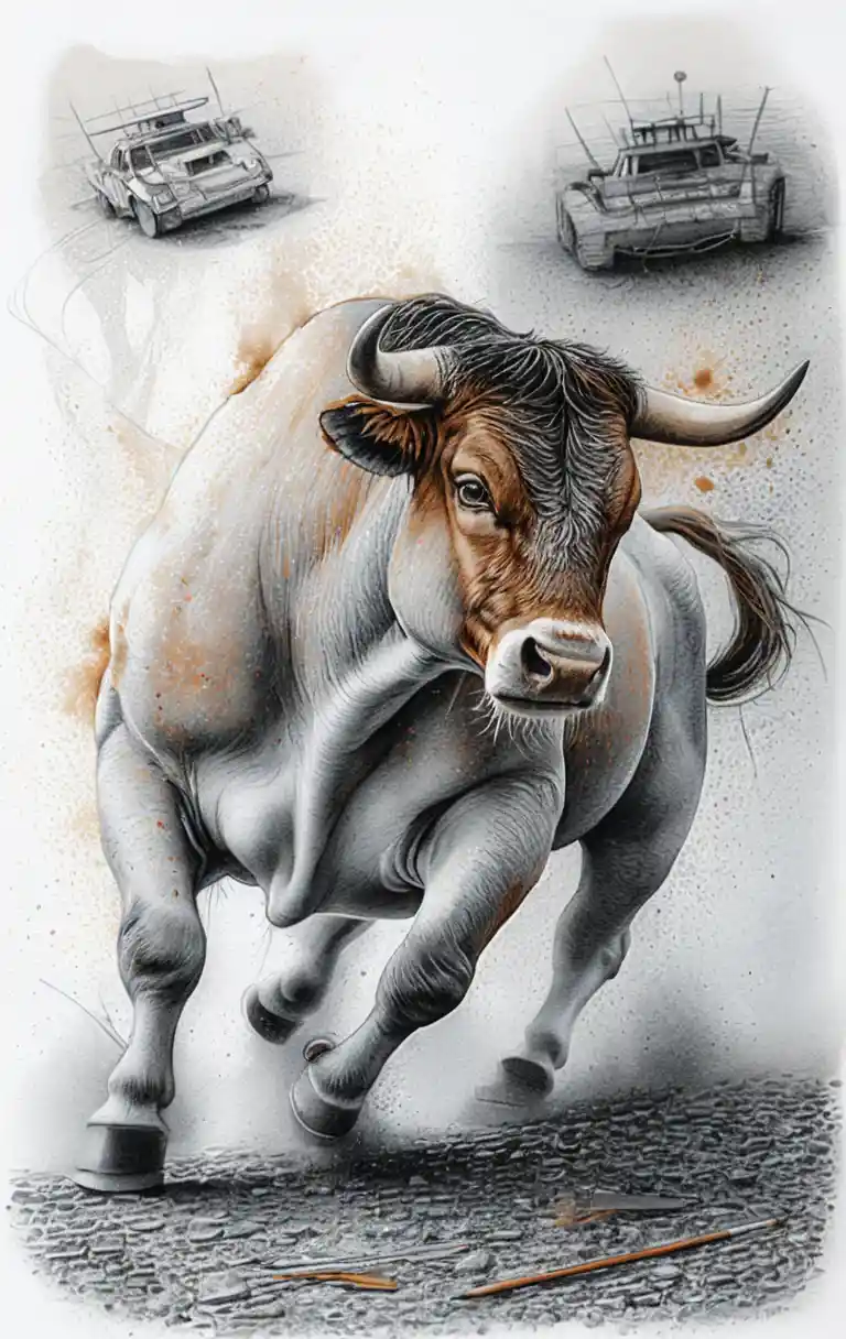 Charging spanish bull in expressive mixed media illustration