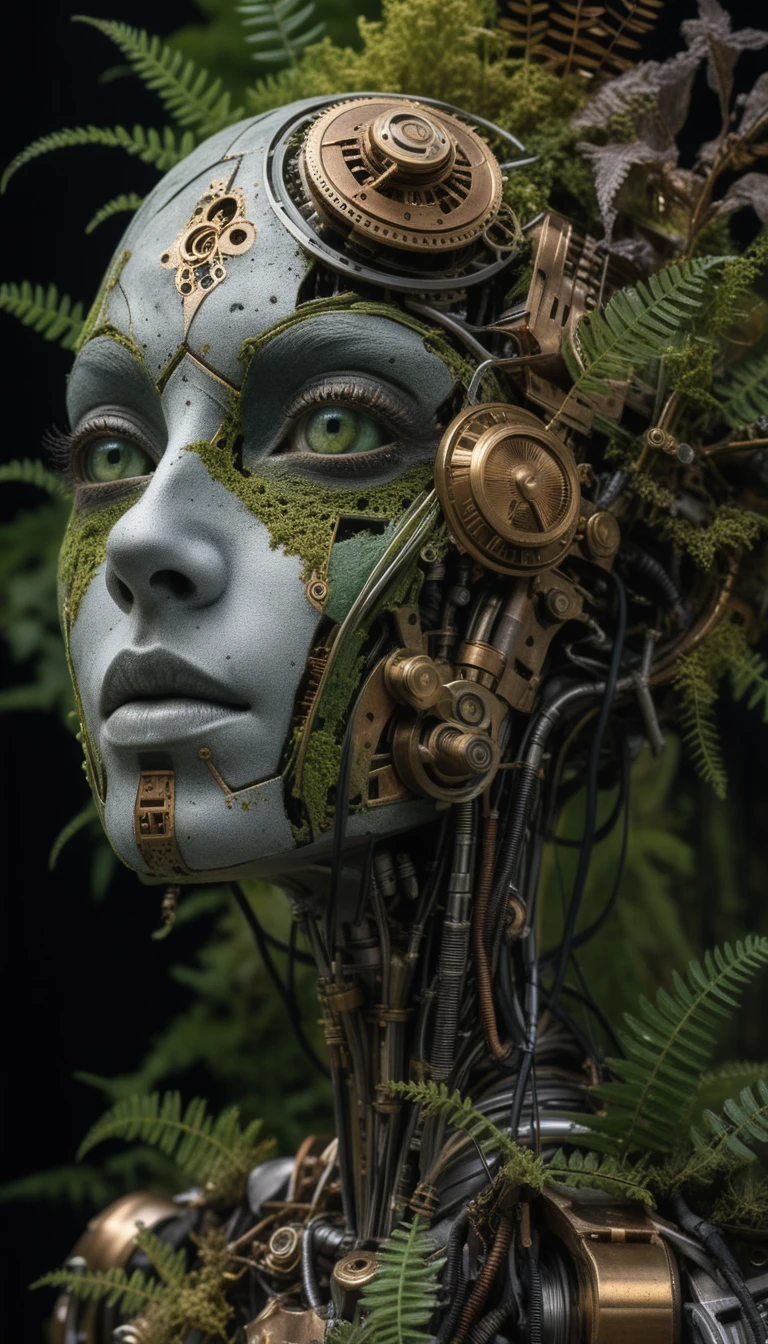 Surreal biomechanical android head fused with lush forest