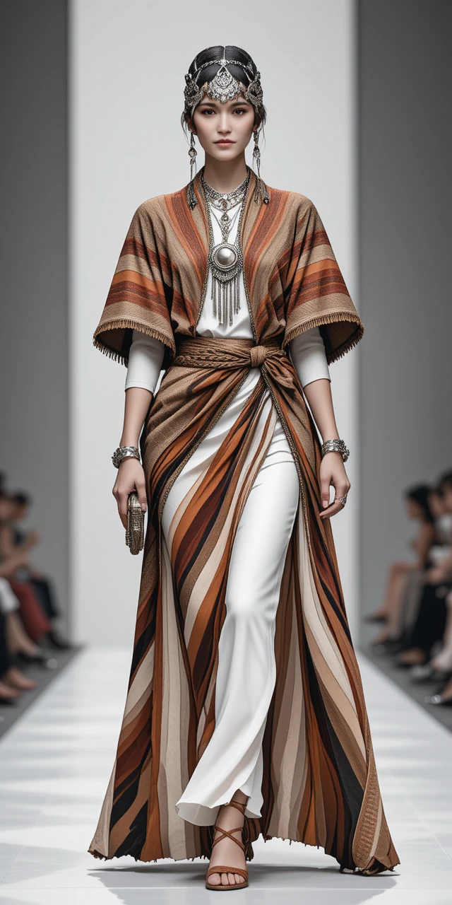 Runway model in ornate silver headpiece and striped cape
