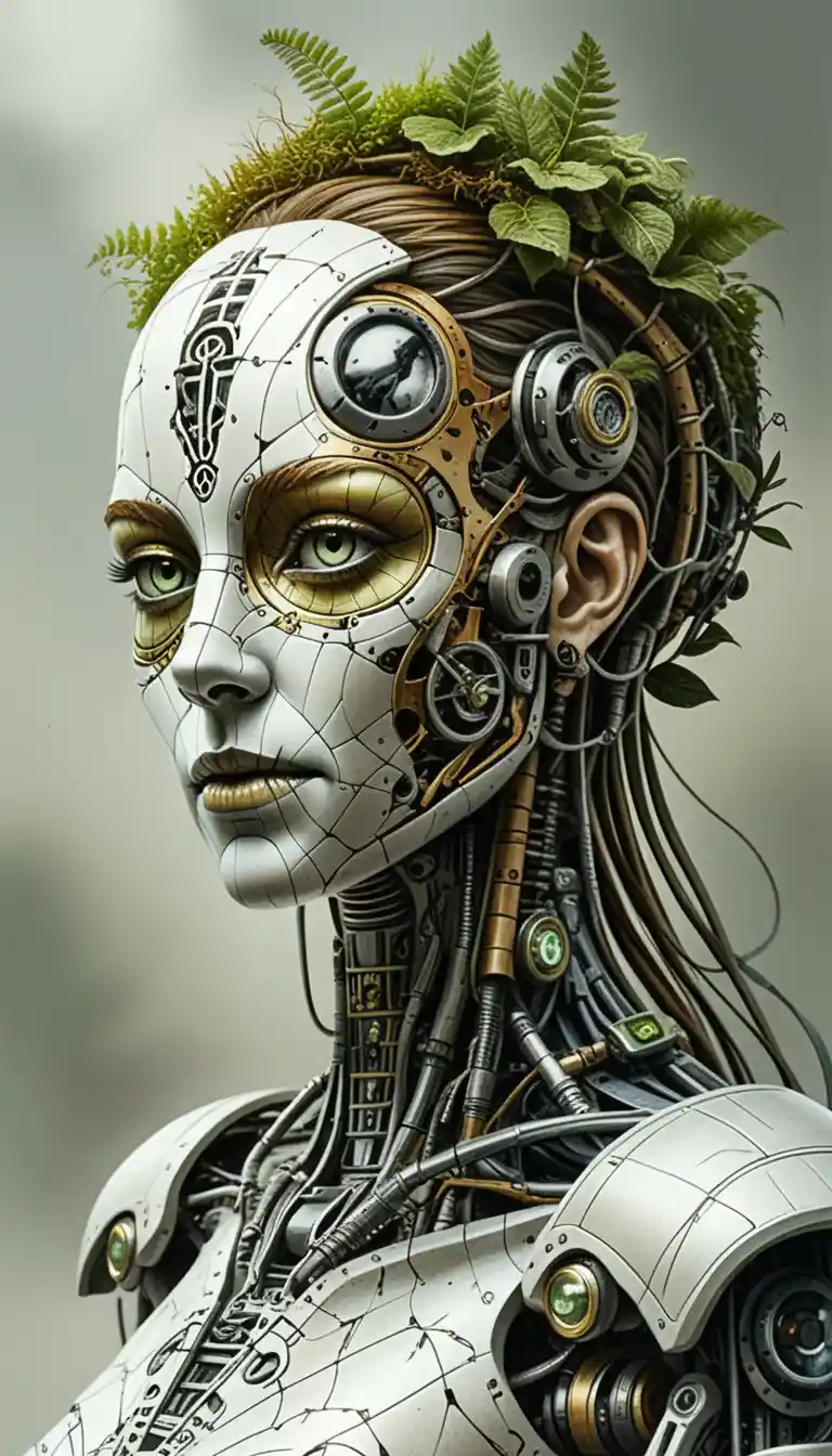 Surrealer biomechanischer Androidenkopf zwischen Wald und Maschine