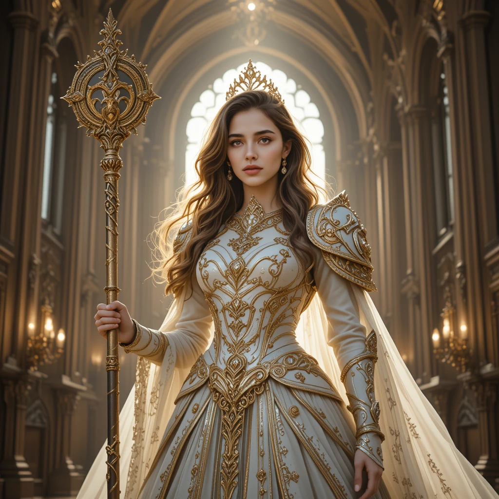 Divine warrior woman in golden armor within a grand cathedral