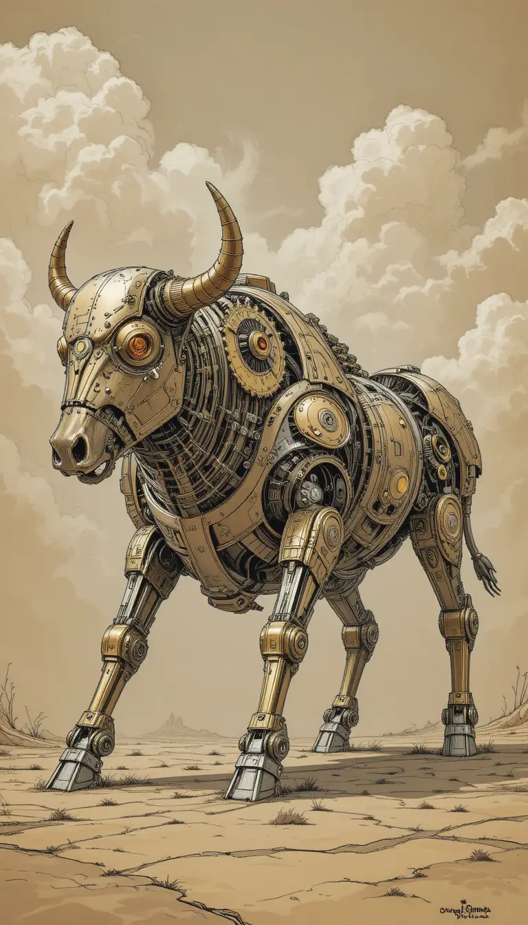 Steampunk mechanical bull charging through a golden fantasy scene