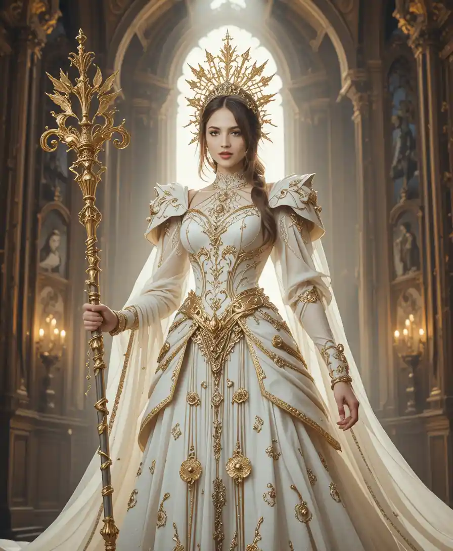 Divine warrior woman in radiant cathedral armor portrait