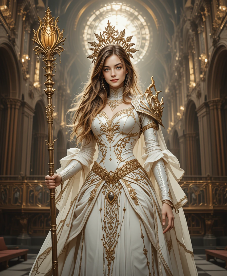 Divine female knight in radiant armor within grand cathedral