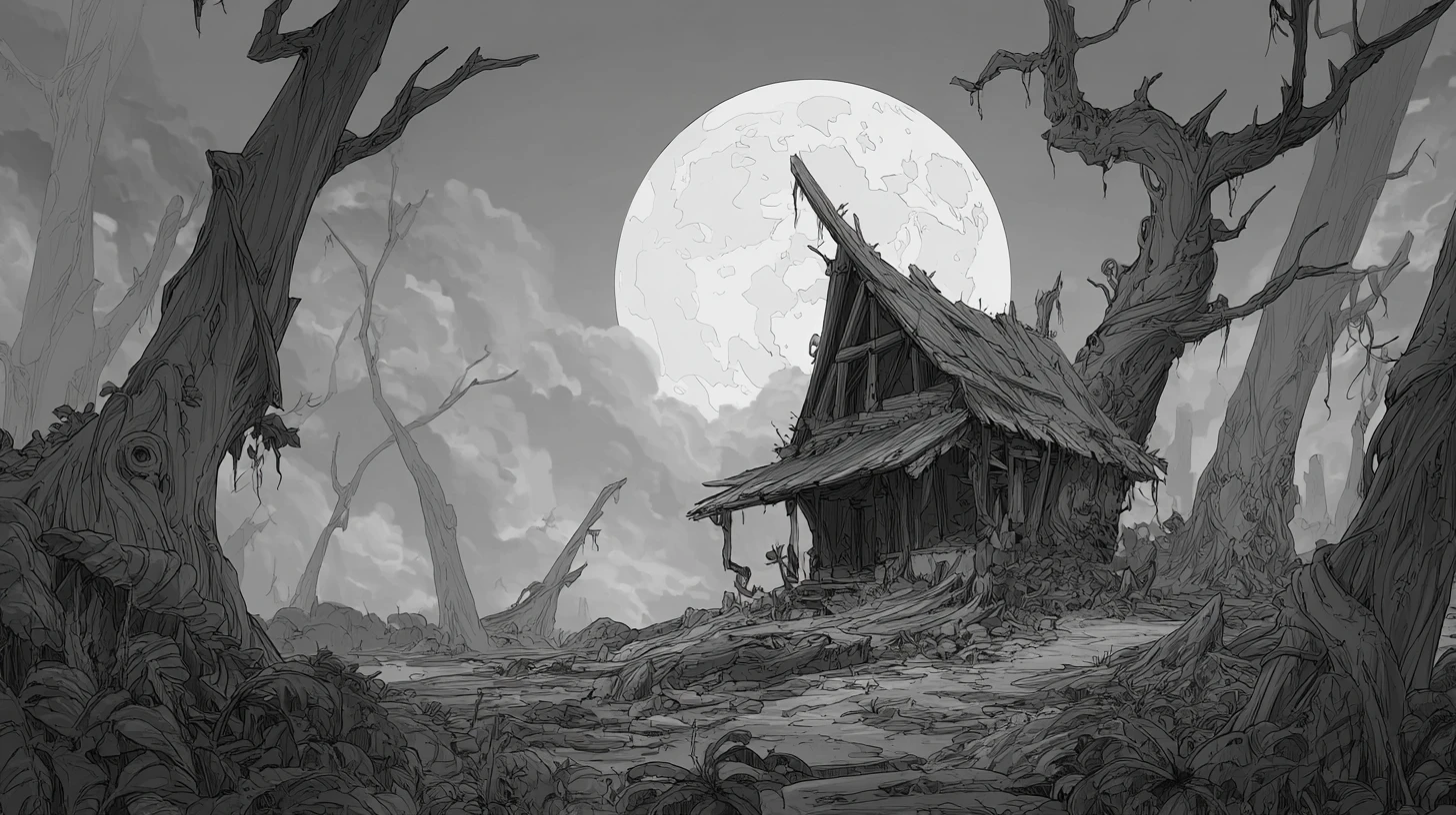 Bone shack under full moon in a dark cursed forest