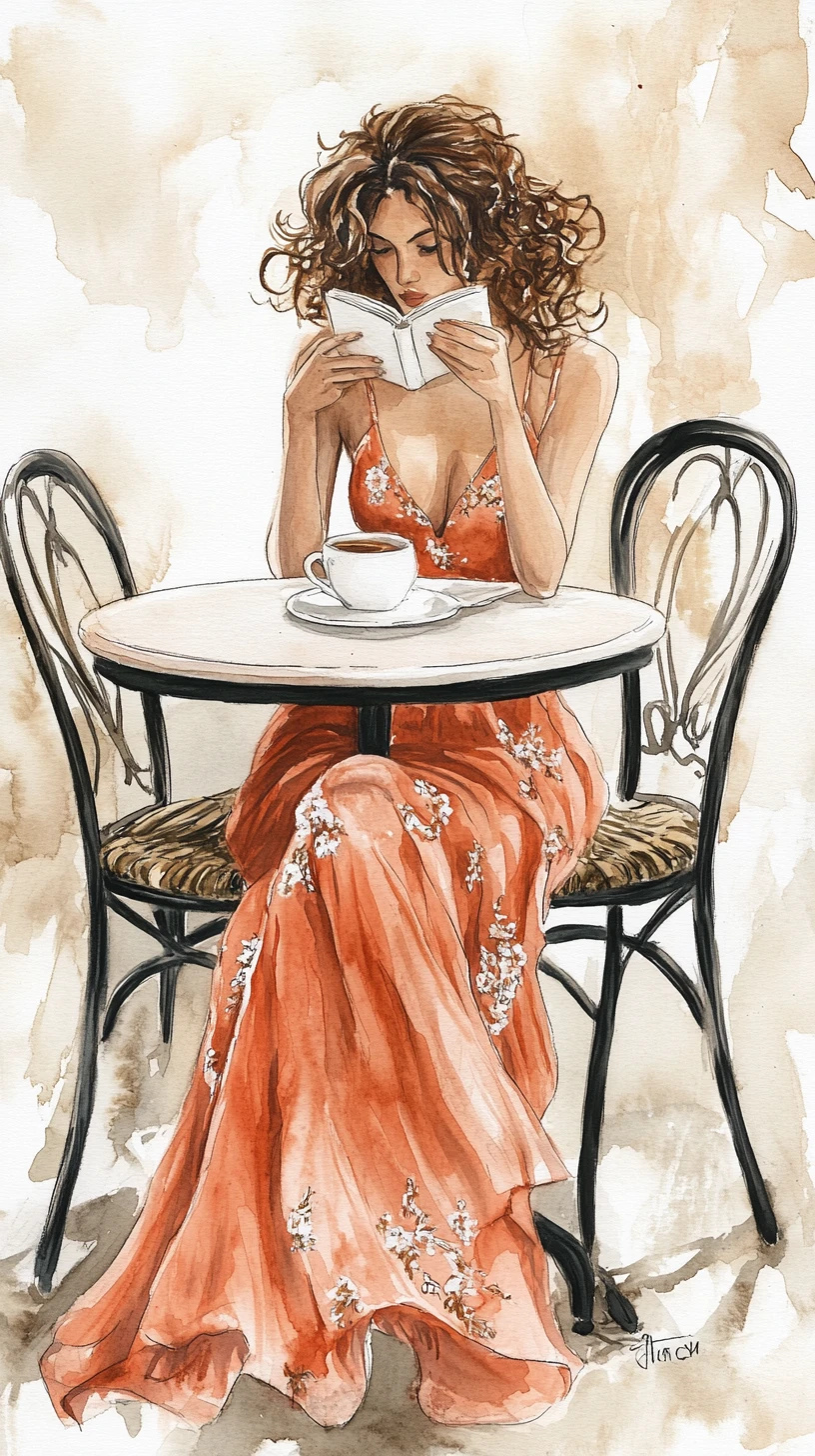 Aquarell einer lesenden Frau an einem kleinen Café-Tisch