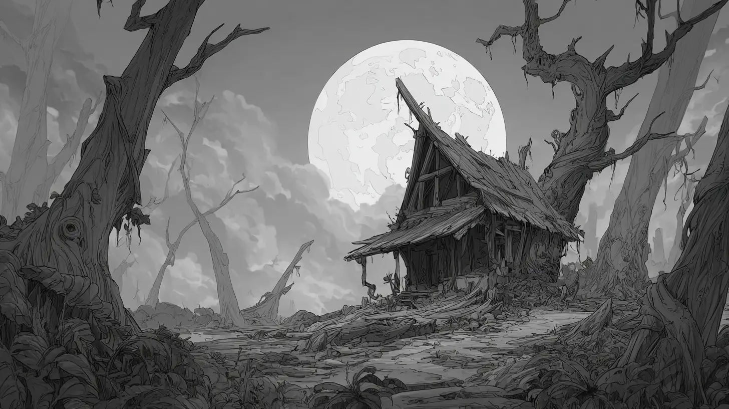 Bone shack under full moon in a dark cursed forest