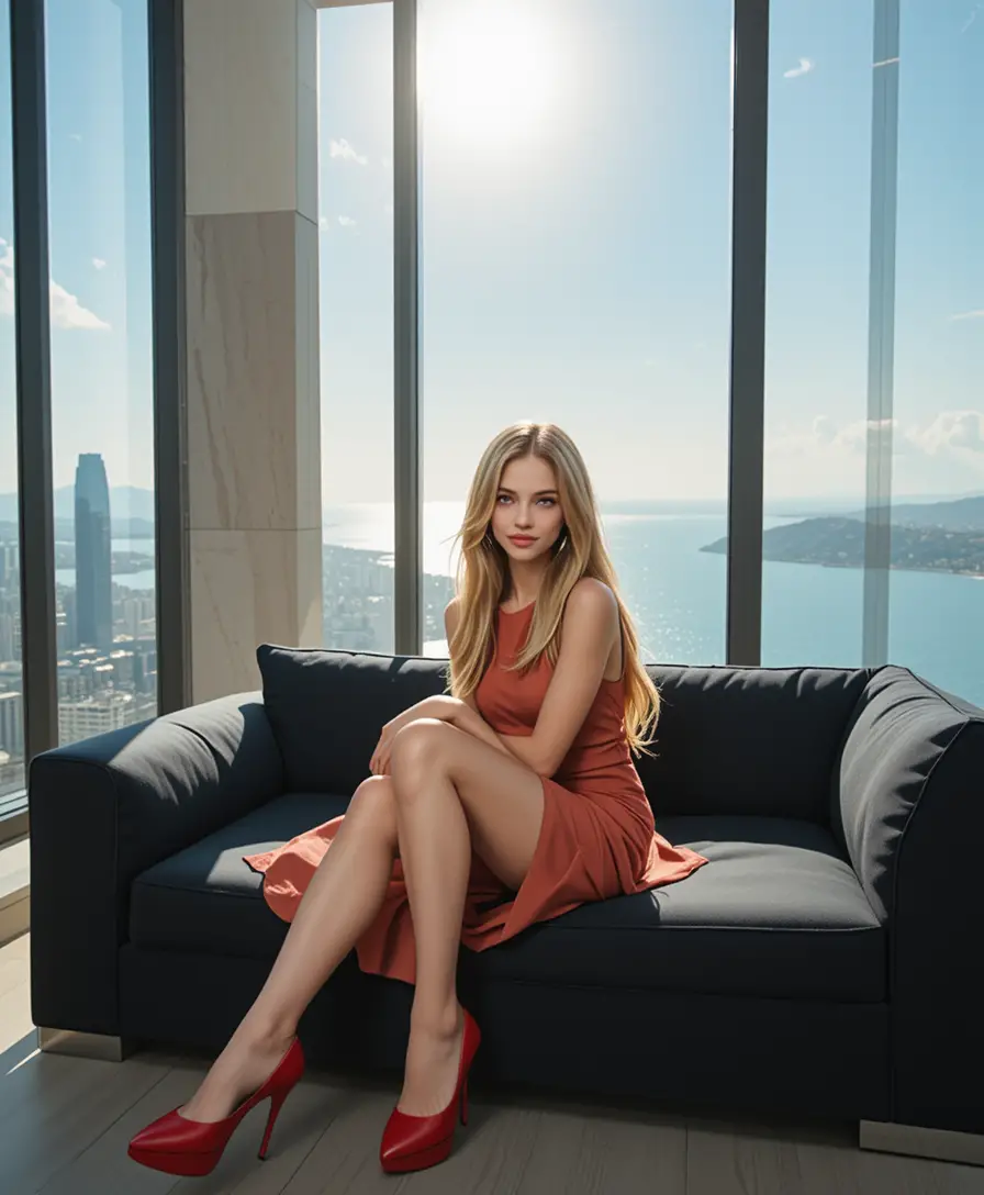 Elegant woman on sofa in modern seaside apartment