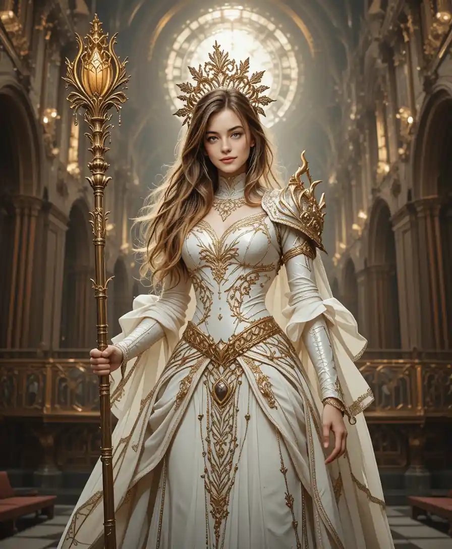 Divine female knight in radiant armor within grand cathedral