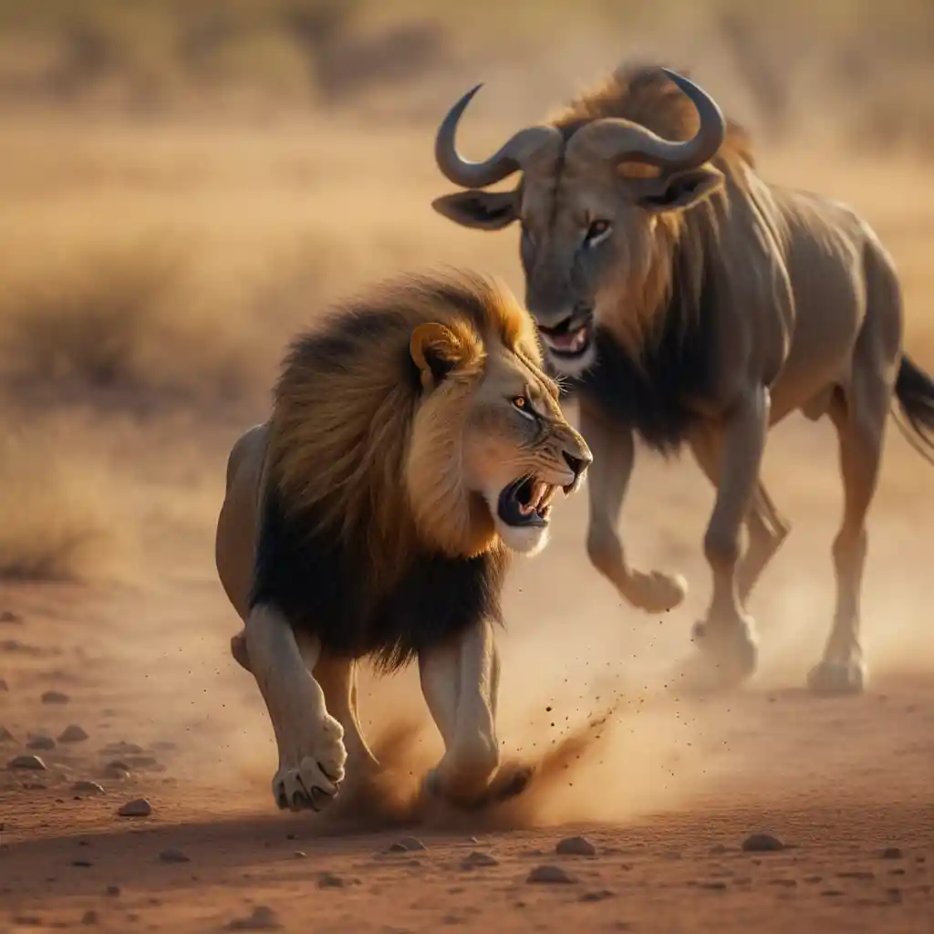 Charging lion chasing wildebeest on dusty African savanna