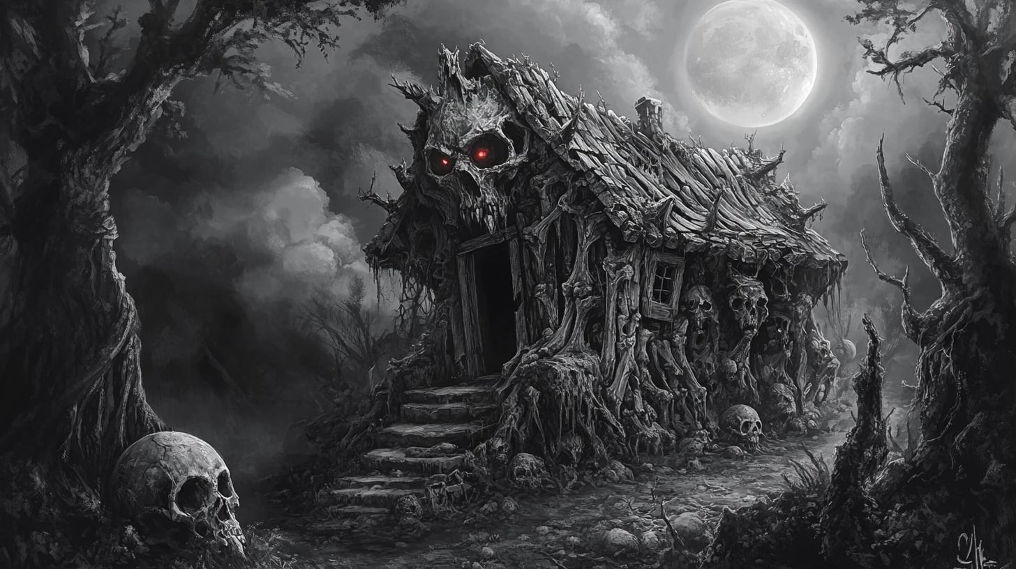Bone shack under full moon in a dark forest