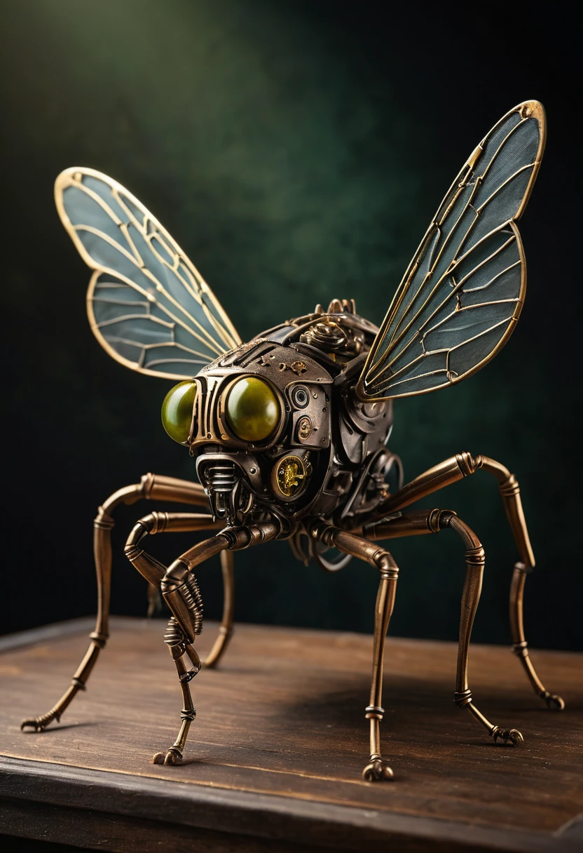 Hyper realistic steampunk mechanical cricket on wooden base