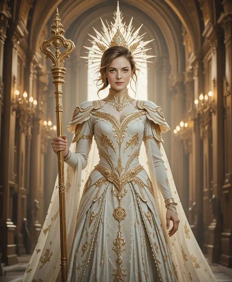 Divine warrior woman in white and gold armor cathedral