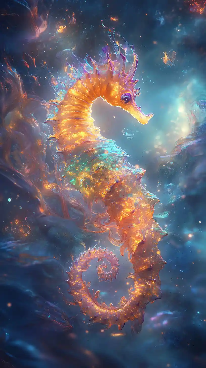 Hippocampe lumineux dérivant dans des courants sous-marins tourbillonnants de fantaisie
