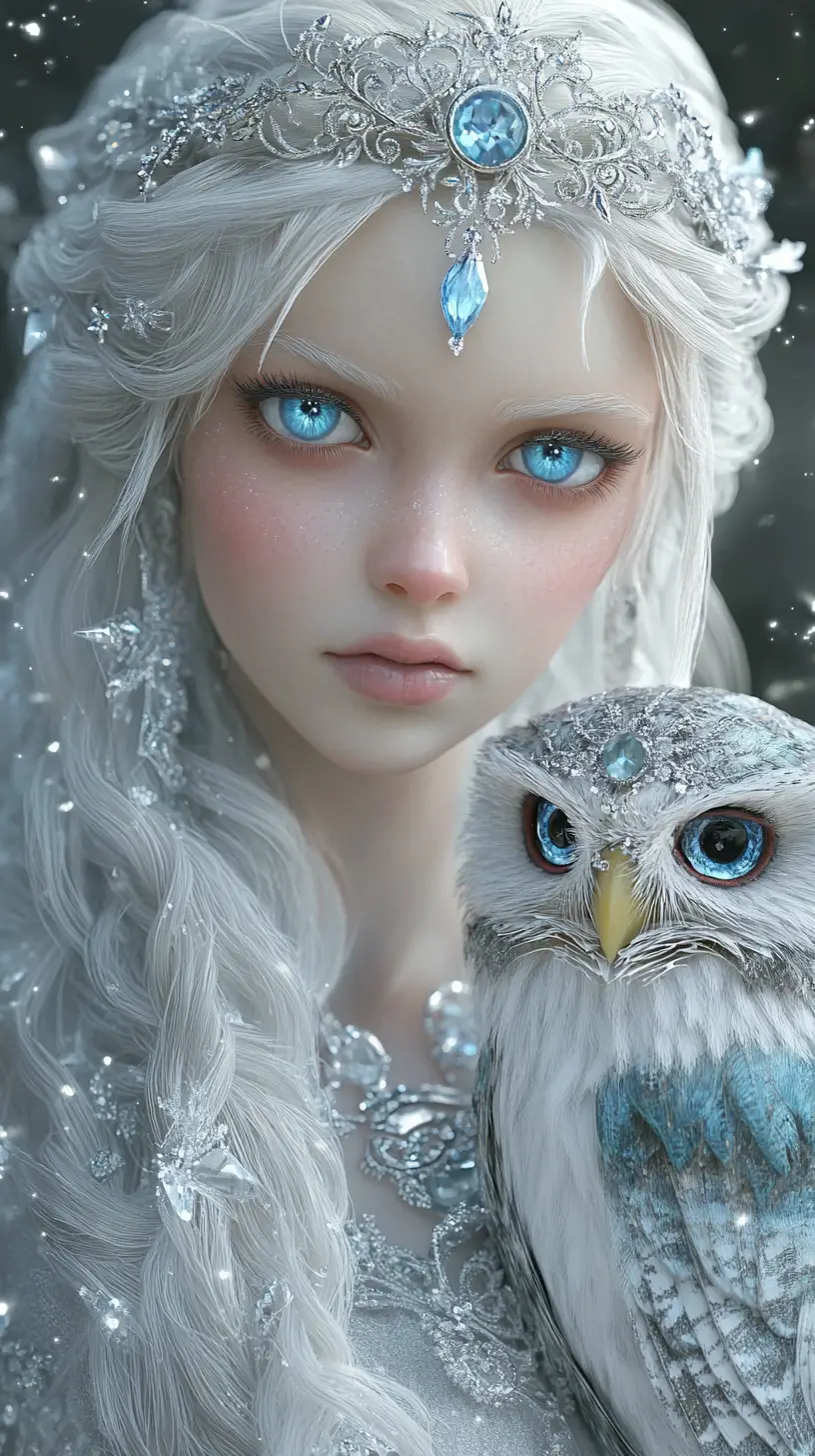 Ethereal ice fairy queen with jeweled mechanical owl companion