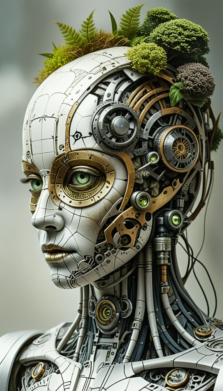 Surreal biomechanical android head merging forest and machine