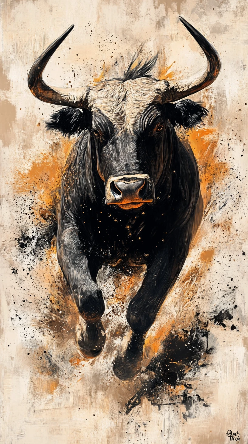Charging spanish bull in mixed media dynamic illustration