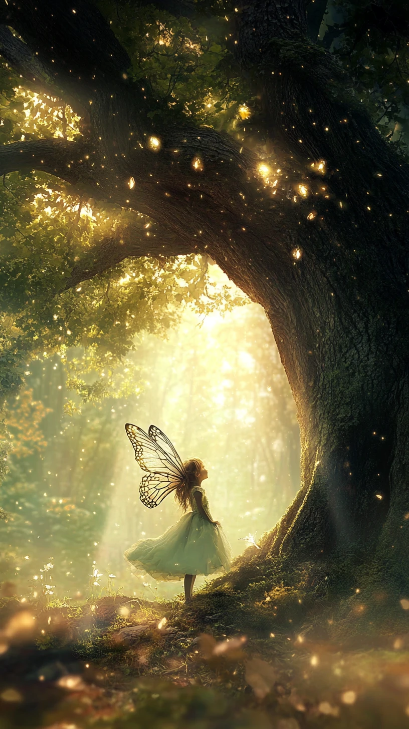 Tiny forest fairy beside an ancient tree spirit