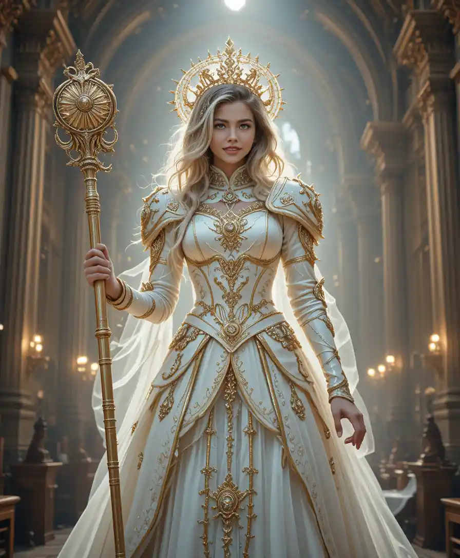 Divine warrior woman in white and gold armor in cathedral