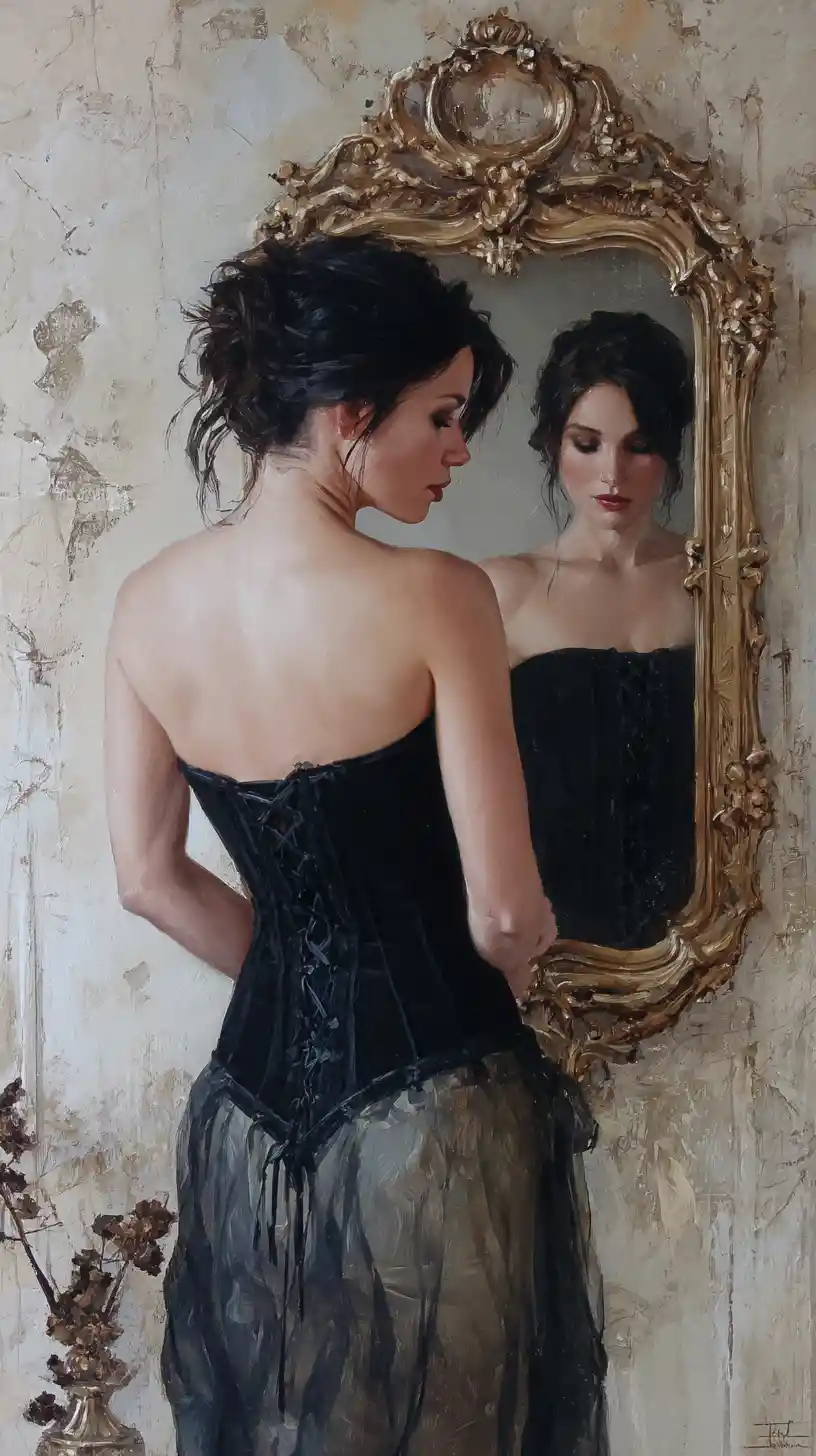 Woman in corset before ornate mirror in soft oil painting