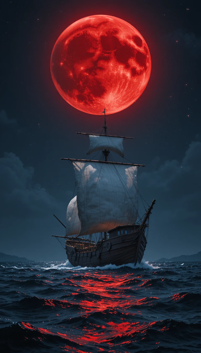 Red ship under a huge glowing moon on dark waters