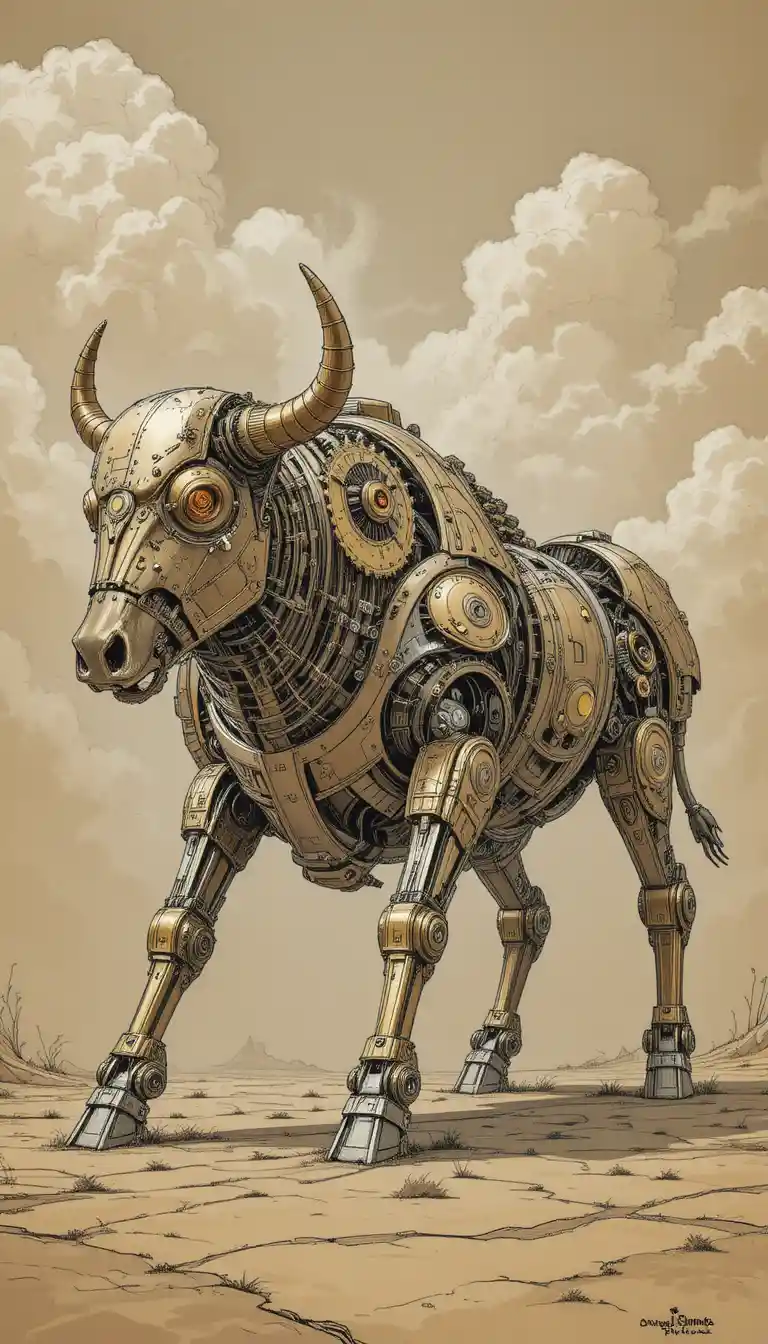 Steampunk mechanical bull charging through a golden fantasy scene