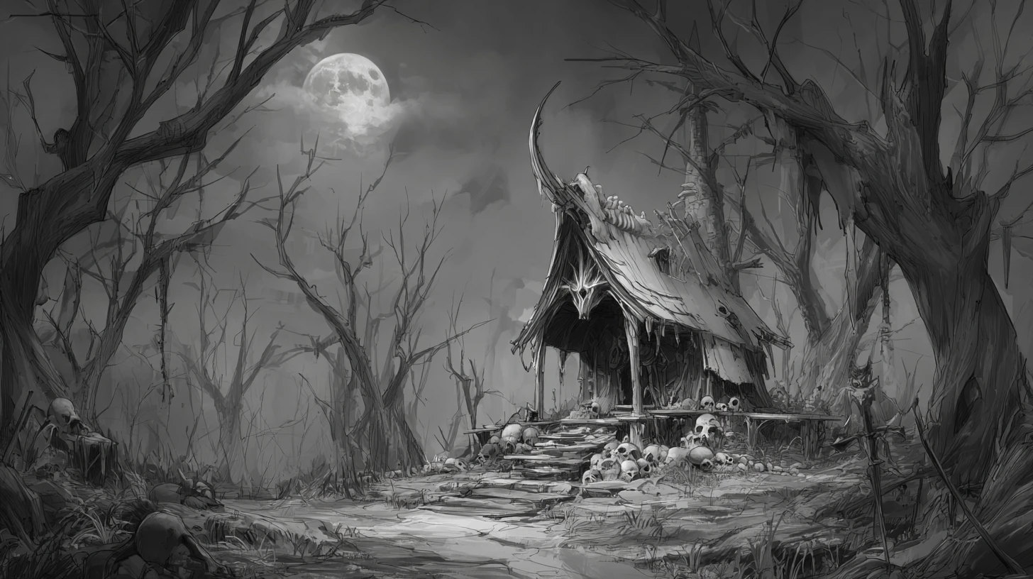Bone shack under full moon in a dark fantasy forest