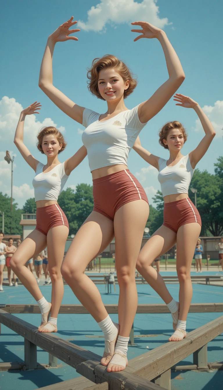 Soviet style pin up gymnast stretching on playground