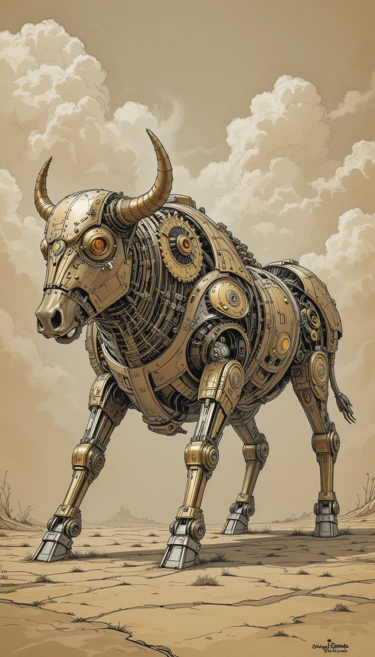 Steampunk mechanical bull charging through a golden fantasy scene