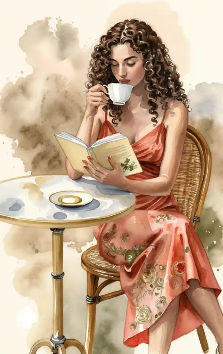 Elegante donna che legge a un piccolo tavolo da caffè in acquerello