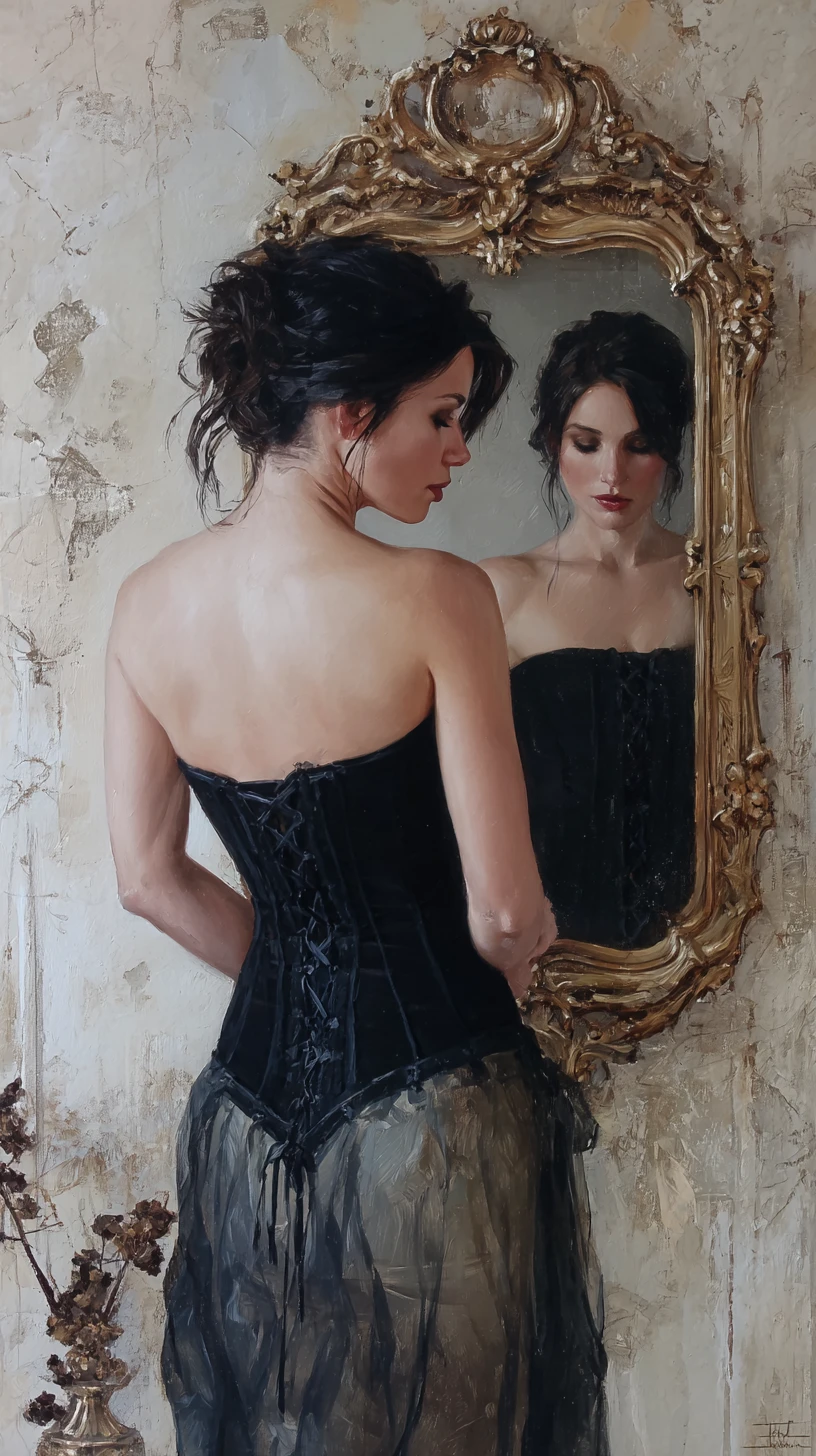 Woman in corset before ornate mirror in soft oil painting