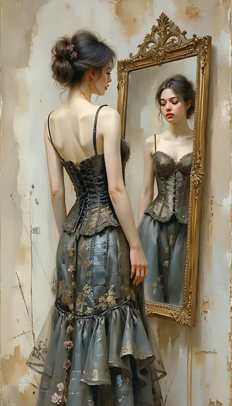 Woman in corset before ornate baroque mirror painting
