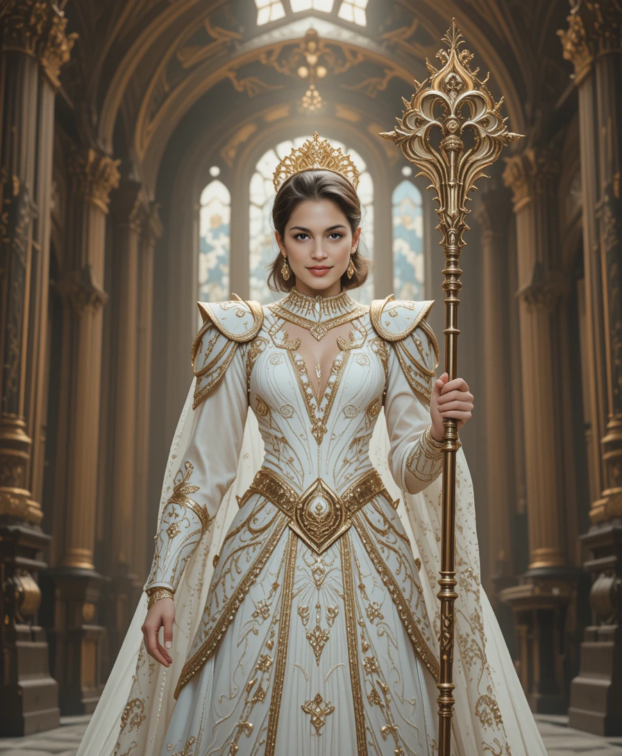 Divine warrior woman in armor within a grand cathedral