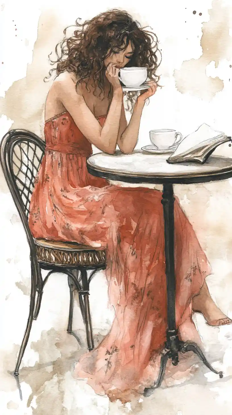 Donna in abito corallo che legge a un tavolino del caffè in acquerello