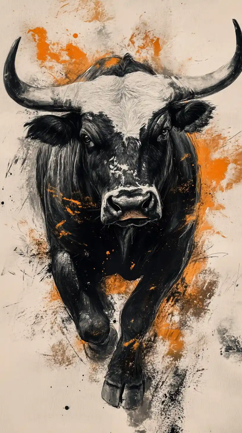Charging spanish bull in expressive mixed media illustration