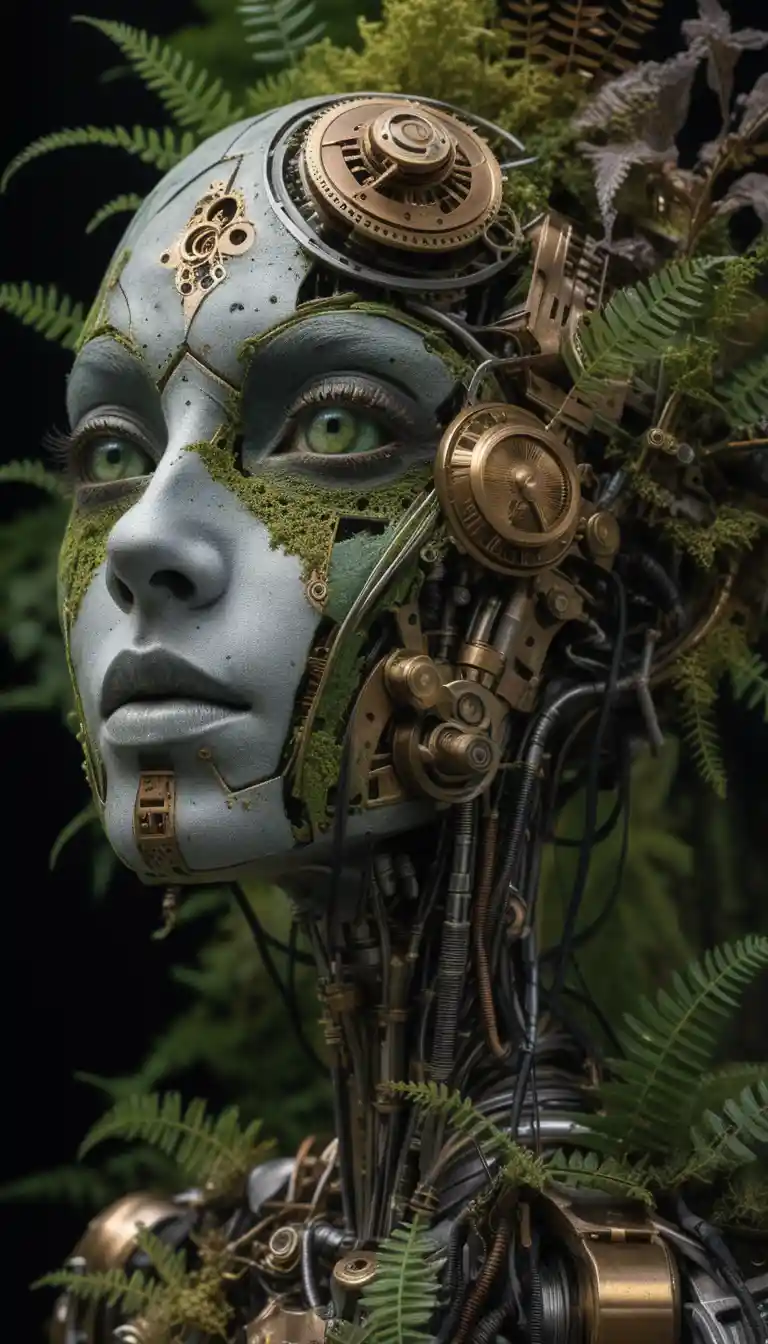 Surreal biomechanical android head fused with lush forest