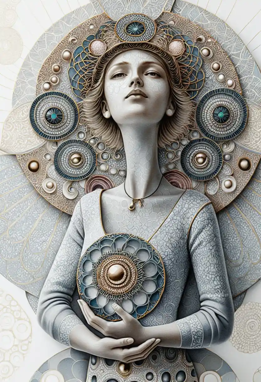 Figura femminile serena in un ornato rilievo sacro a mandala