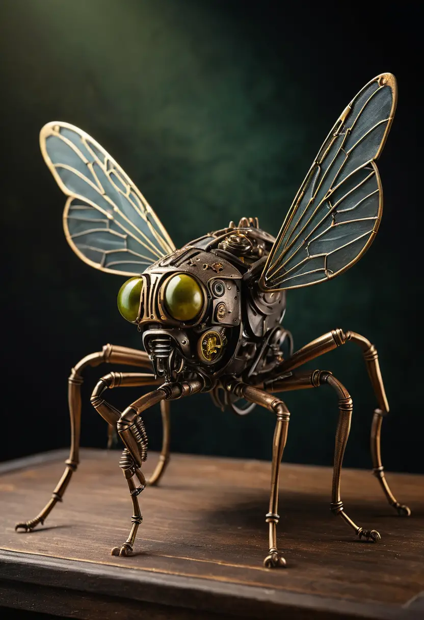 Hyper realistic steampunk mechanical cricket on wooden base