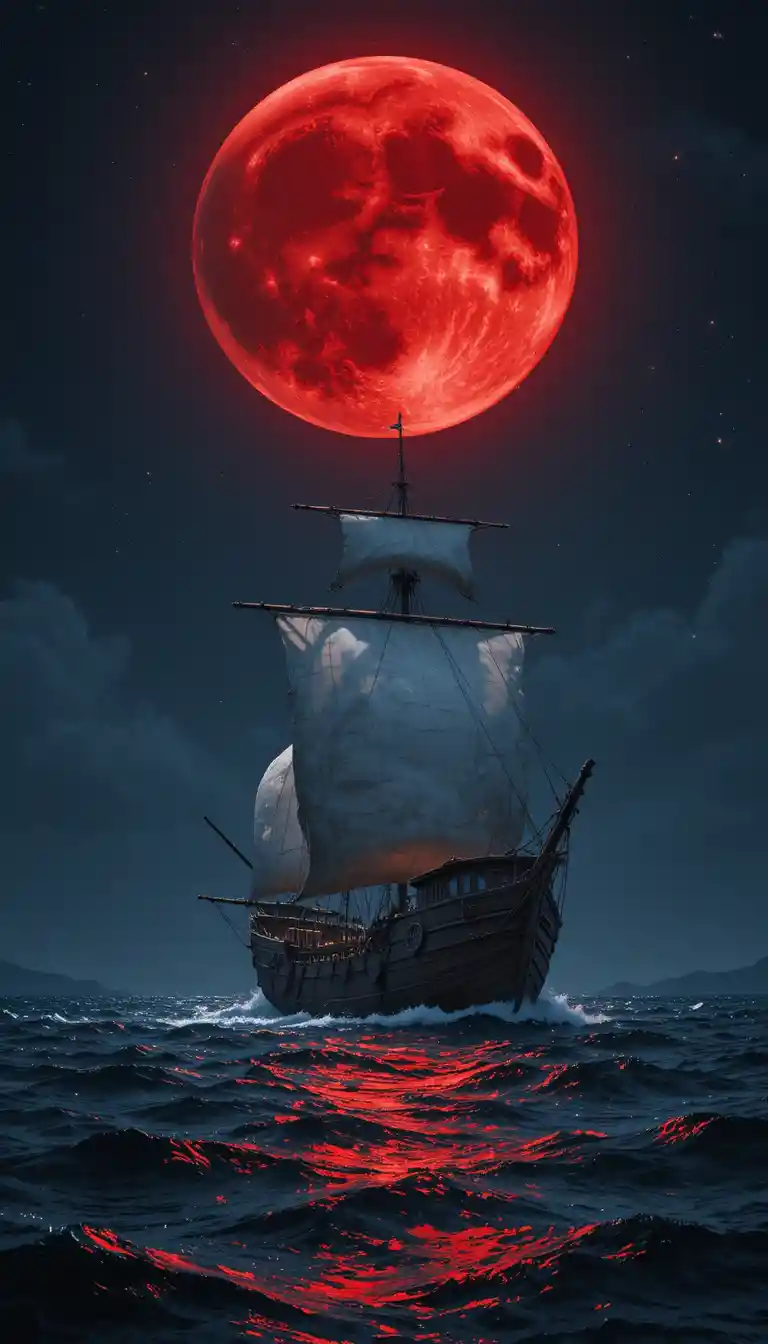 Rotes Schiff unter einem riesigen leuchtenden Mond auf dunklem Wasser