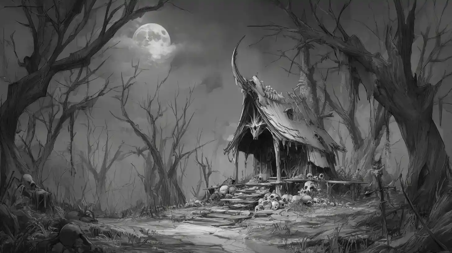Bone shack under full moon in a dark fantasy forest