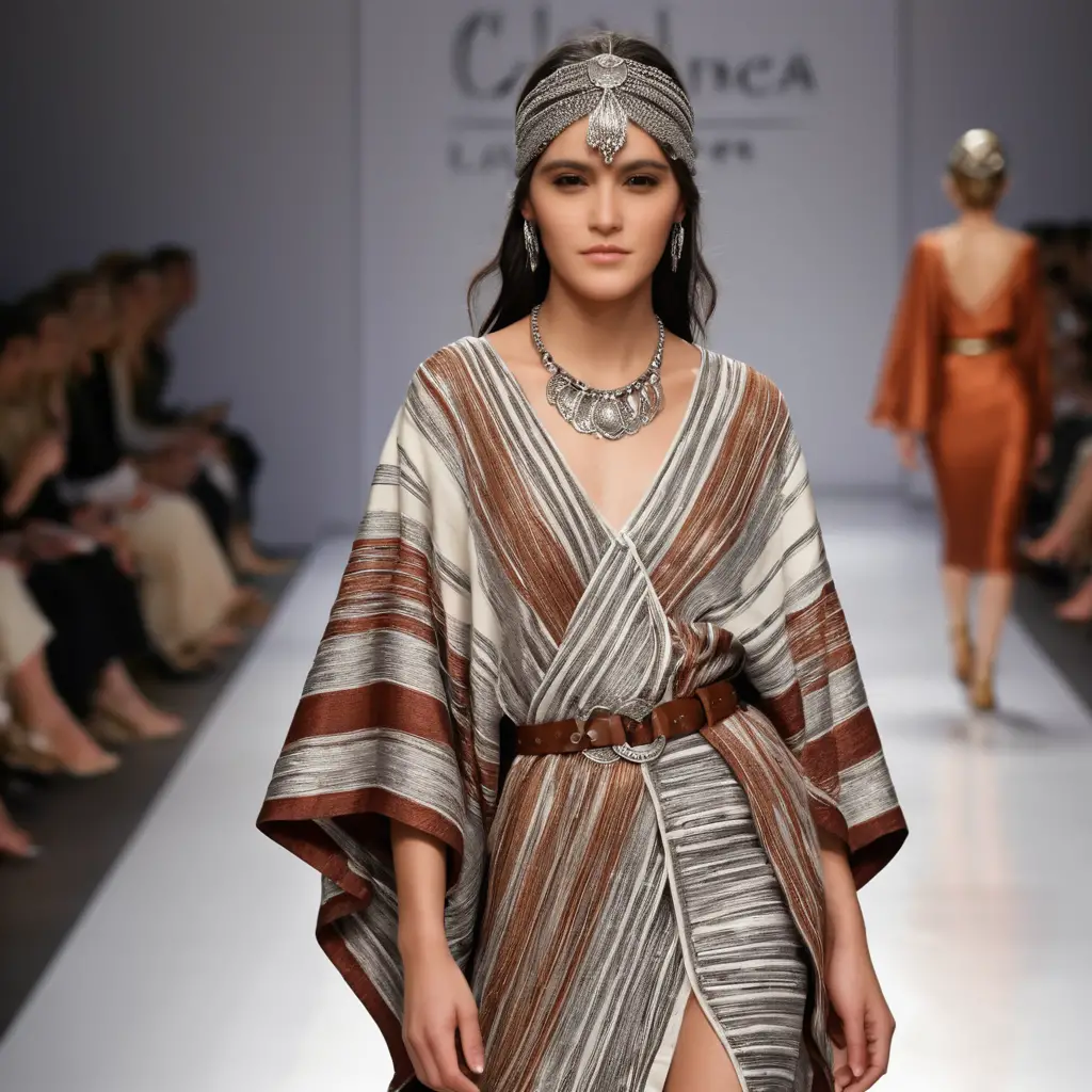 Runway model in ornate silver headpiece and striped cape