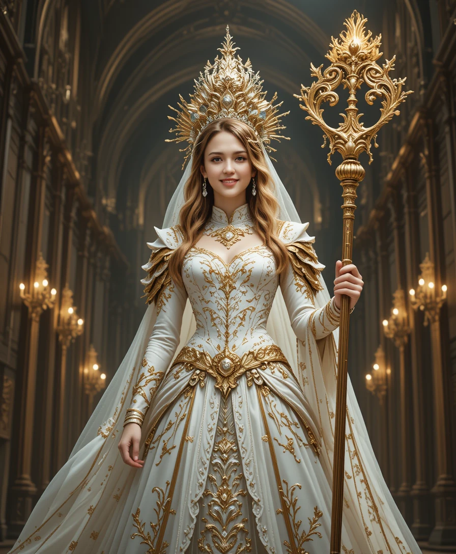 Guerriera divina in armatura bianca e dorata in cattedrale