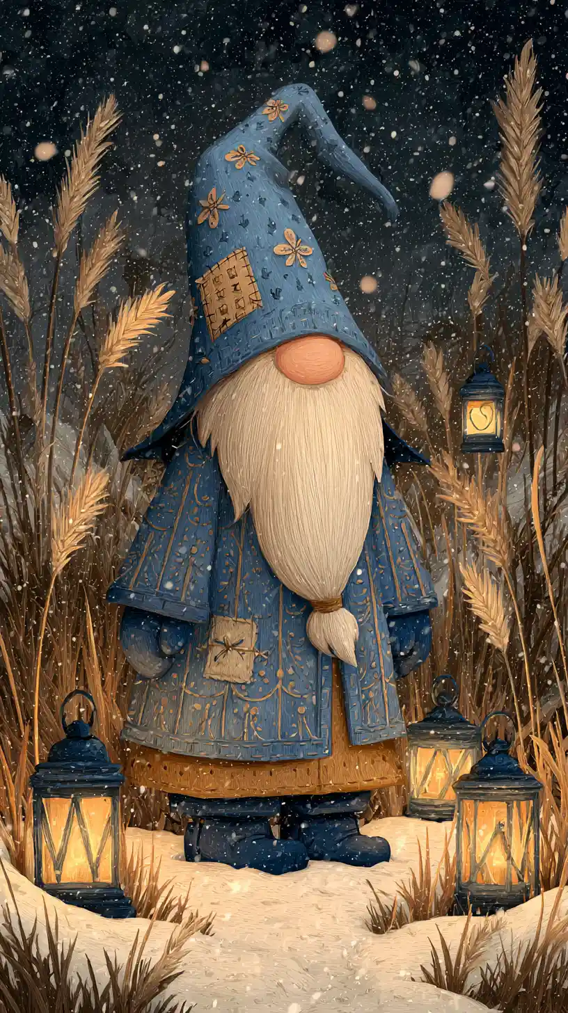 Whimsical winter gnome with lanterns in falling snow