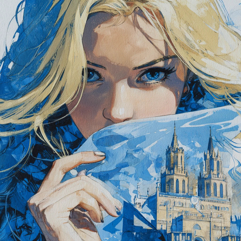 Blonde woman hiding her face with translucent cloth