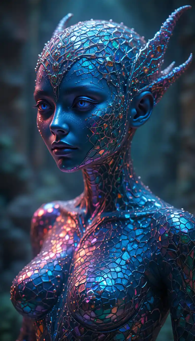 Crystalline aquatic woman in ancient Atlantis ruins