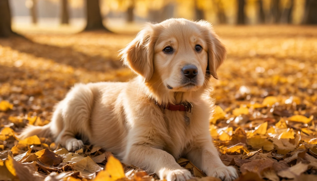 Golden-Retriever-Welpe im warmen Herbstwald im Sonnenlicht