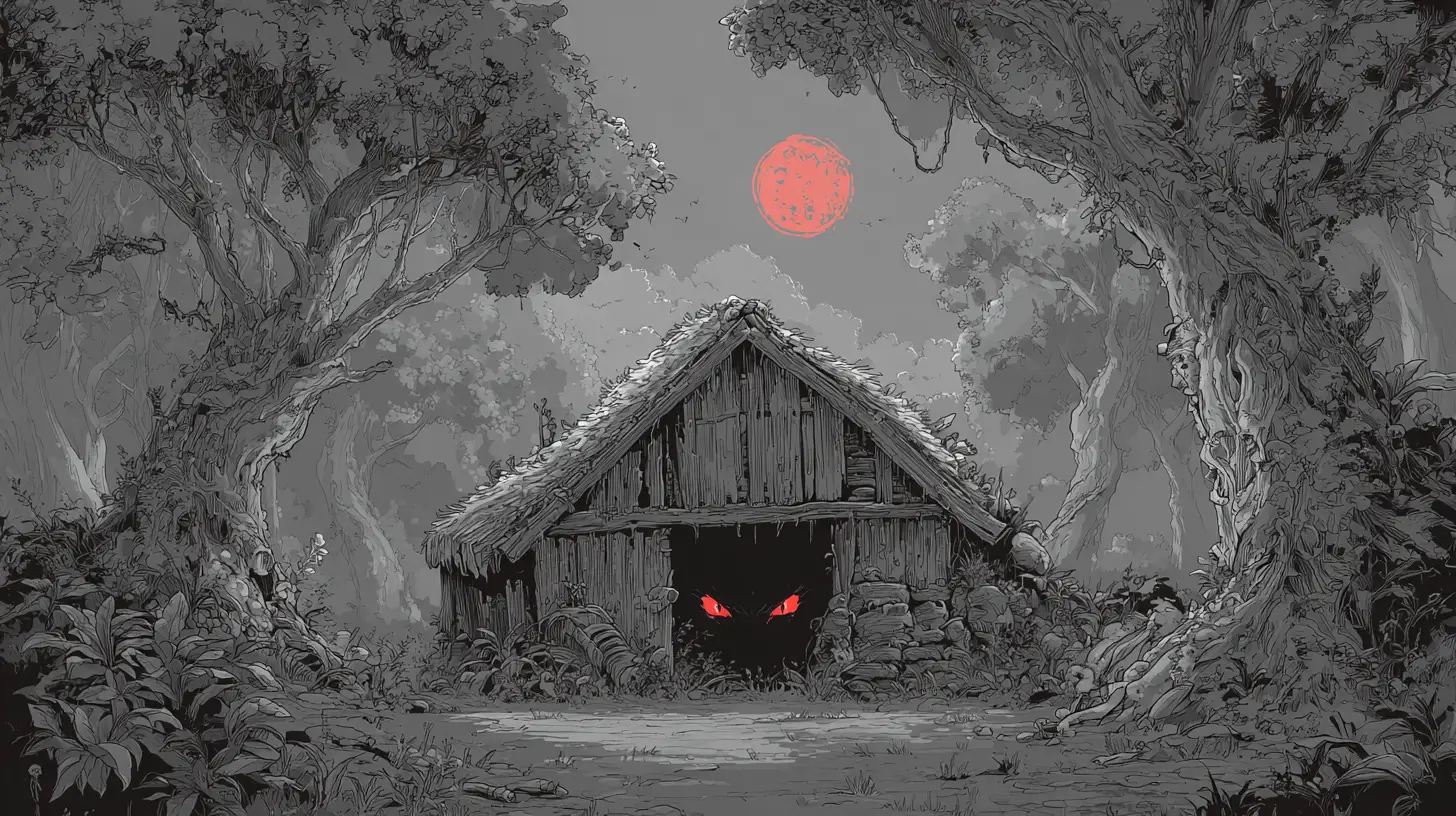 Bone shack under full moon in a dark forest