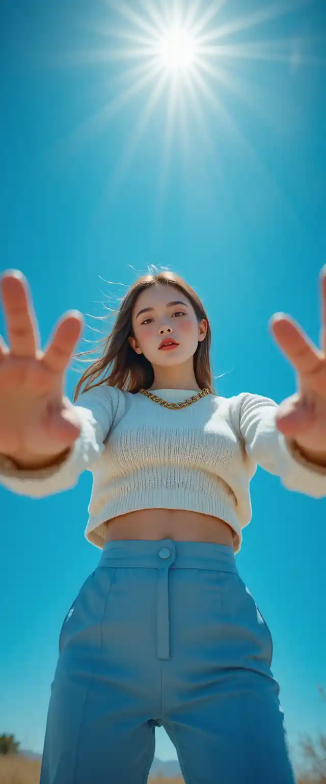 Ritratto di moda dal basso di una giovane donna sotto il cielo azzurro